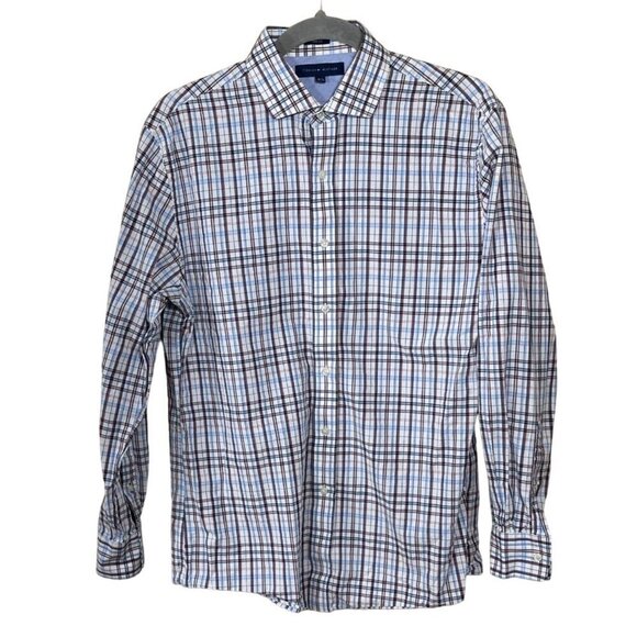 Tommy Hilfiger Men's Button Front Shirt Slim Fit Plaid Red White Blue 15 1/2 - Picture 1 of 6